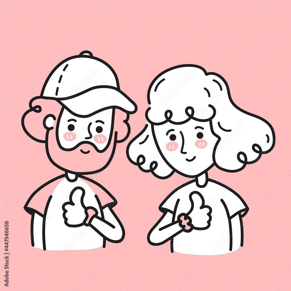 Young happy smile bearded man and woman showing thumbs up. Vector doodle cartoon character illustration. Isolated on white backgound. Man and woman,boy,girl show thumbs up, positive expression concept Young happy smile bearded man and woman showing thumbs up. Vector doodle cartoon character illustration. Isolated on white backgound. Man and woman,boy,girl show thumbs up, positive expression concept