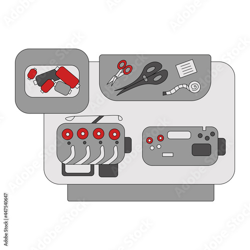 Workplace for a tailor, flat vector illustration. Cartoon needlework, seamstress dressmaker, design studio, table interior with sewing machine, sewing tools.