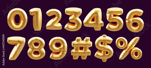 Collection of golden number balloon 0 to 9, hashtag, dollar sign, percent for decorate cerebration party by 3D rendering. 3D golden balloons numbers collection. photo