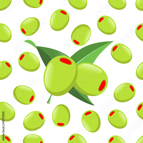 Green olives stuffed with bell peppers. Isolated on white. Pickled olives vector seamless pattern. Pickled olives on white background. Illustration of olive fruits. Pepper stuffed olives illustration.