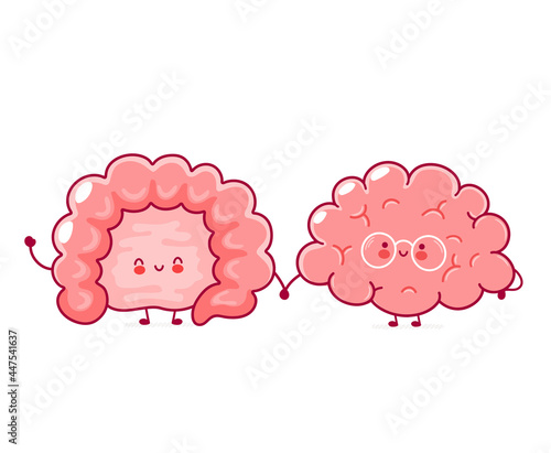 Cute funny happy human intestine and brain organs. Vector hand drawn cartoon kawaii character illustration icon. Isolated on white background. Brain and intestine cartoon doodle character concept