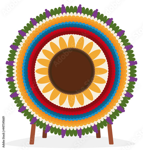 Emblematic Silleta standing over wooden legs with sunflower and Colombian colors, Vector illustration