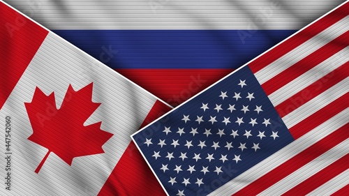 Russia United States of America Canada Flags Together Fabric Texture Effect Illustration