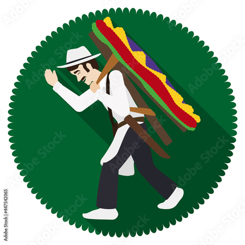 Button with man holding a Silleta during Festival of Flowers, Vector illustration photo