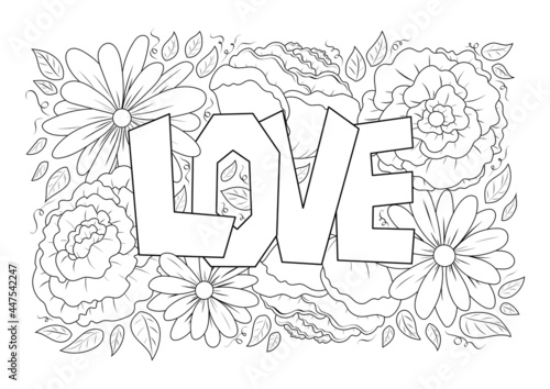 Love word in flowers adult antistress coloring page in doodle sketch style, floral pattern colouring sheet isolated vector illustration