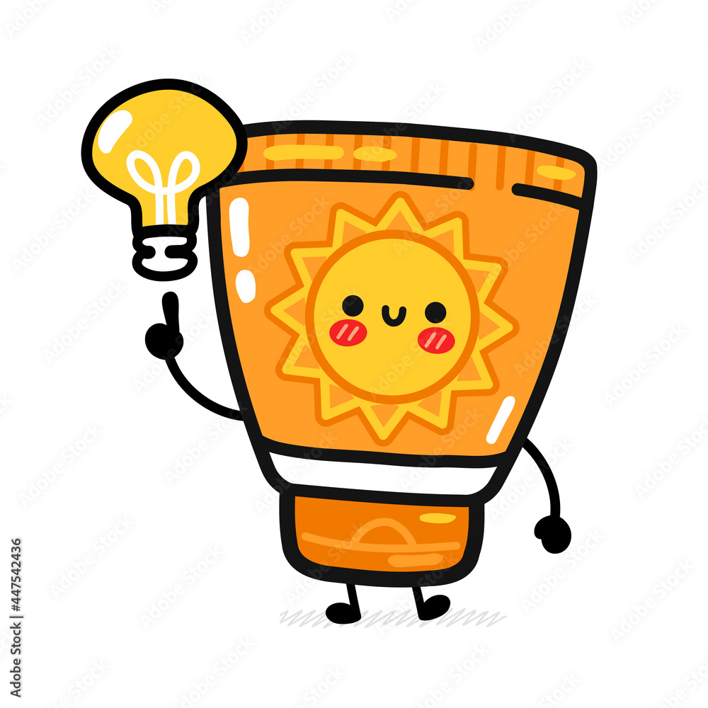 Cute funny suncreen tube with idea lamp. Vector line cartoon kawaii character illustration icon. Isolated on white background. Sunscreen, sun protection cream care,sunblock screen character concept Cute funny suncreen tube with idea lamp. Vector line cartoon kawaii character illustration icon. Isolated on white background. Sunscreen, sun protection cream care,sunblock screen character concept