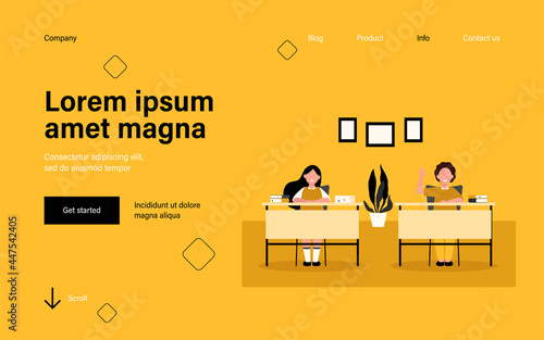 Happy pupils studying in classroom isolated flat vector illustration. Cartoon children characters sitting at tables in school lesson. Study, exam and interior clipart concept