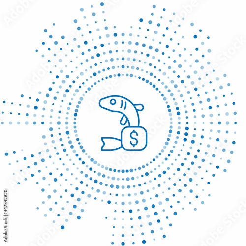 Blue line Price tag for fish icon isolated on white background. Abstract circle random dots. Vector