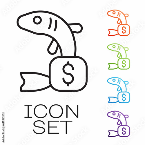 Black line Price tag for fish icon isolated on white background. Set icons colorful. Vector