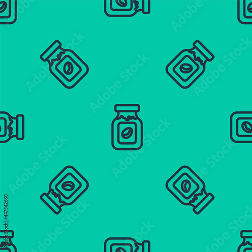 Blue line Coffee jar bottle icon isolated seamless pattern on green background. Vector