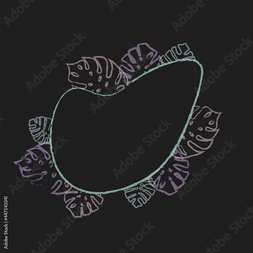 Cover, place for an inscription, postcard. Vector Bright Green Monstera Leaves Abstract Shape Black Background Textures for design, photo overlay. Place for your text.