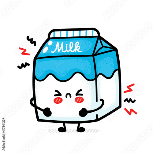 Cute funny sad milk box. Vector hand drawn cartoon kawaii character illustration icon. Isolated on white background. Milk dairy box doodle cartoon character. Lactose intolerance concept