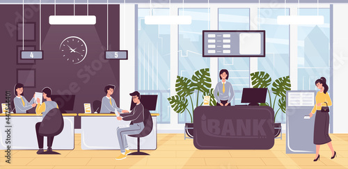 Cartoon Color Characters People and Bank Office Interior Inside Concept. Vector