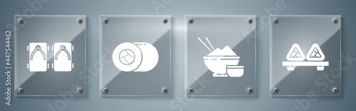 Set Sushi on cutting board, Rice in a bowl with chopstick, Sushi and Geta traditional Japanese shoes. Square glass panels. Vector