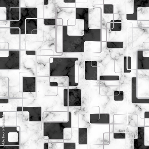 Marble seamless pattern. Repeating white and black marble texture. Geometry floor. Mosaic background for design home print. Repeated elegant geometric pattern. View above laminate. Top tile. Vector