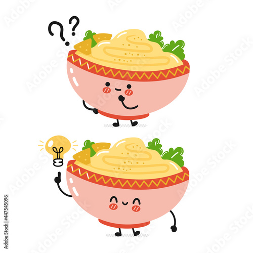Cute funny traditional hummus bowl character with question mark and idea lightbulb. Vector flat cartoon kawaii character illustration icon. Isolated on white background. Hummus bowl cartoon character