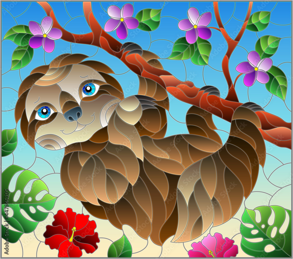 Fototapeta premium An illustration in the style of a stained glass window with a cute cartoon sloth, on a tree branch, a rectangular image
