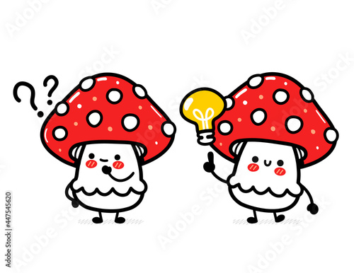 Cute funny happy amanita mushroom with question mark and idea lightbulb. Vector hand drawn cartoon kawaii character illustration icon. Isolated on white background. Funny amanita mushroom mascot