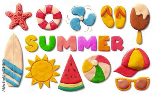 Realistic Detailed 3d Plasticine Summer Objects Set. Vector