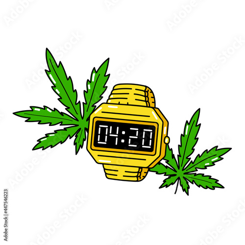 4:20 time on gold electronic watch and weed cannabis leafs. Vector cartoon illustration design. Isolated on white background. 420 watch, weed, cannabis, green leafs print for t-shirt, poster concept