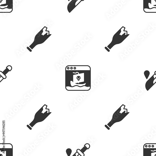 Set Bloody knife, Internet piracy and Broken bottle as weapon on seamless pattern. Vector