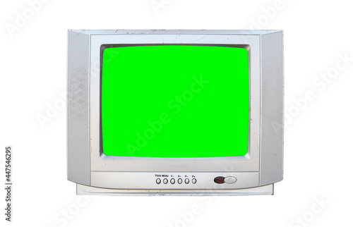 Old silver vintage green screen TV for adding new images to the screen. Isolated on white background.