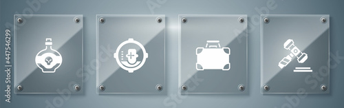 Set Judge gavel, Briefcase and money, Headshot and Poison in bottle. Square glass panels. Vector