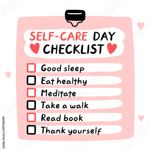 Cute funny self-care day checklist, to do list, checklist. Vector hand drawn cartoon kawaii character illustration icon. Day of Self-care checklist sticker, card, poster concept