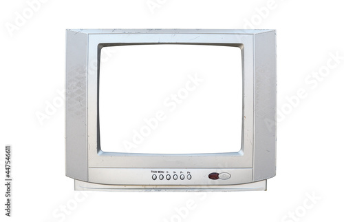 Old silver TV isolated on white background. Retro technology concept.  Blank screen for text.Vintage TVs 1980s 1990s 2000s.  photo