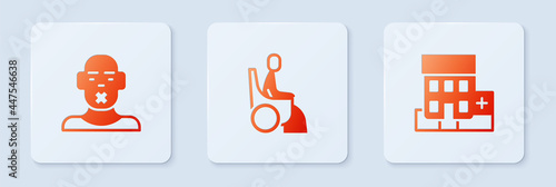 Set Woman in wheelchair, Head of deaf and dumb and Medical hospital building. White square button. Vector