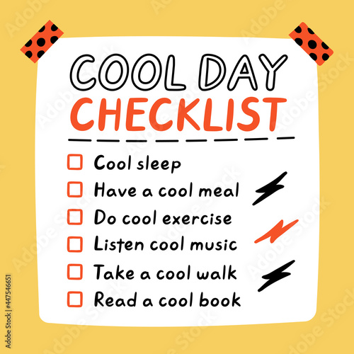 Cute funny Cool day self-care to do list, checklist. Vector hand drawn cartoon kawaii character illustration icon. Cool day Self-care checklist sticker, card, poster concept