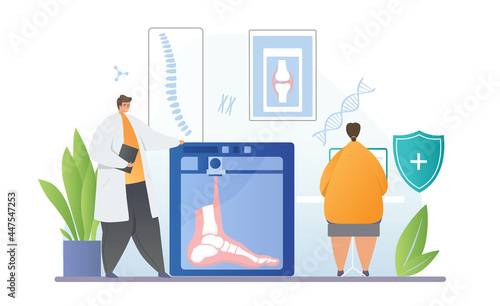 Male and female medical scientists are printing foot on 3D printer in laboratory together. Concept of innovative smart medicine of future. Bioprinting technology. Flat cartoon vector illustration