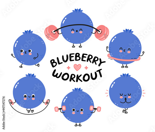 Cute funny blueberry berry make gym set collection. Vector flat line cartoon kawaii character illustration icon. Isolated on white background. Blueberry berry workout,fitness,sport character concept