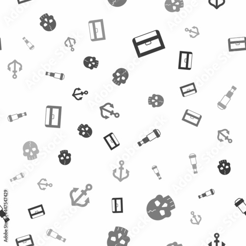 Set Antique treasure chest, Skull, Spyglass telescope lens and Anchor on seamless pattern. Vector