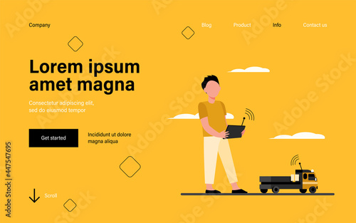 Boy playing with radio controlled toy. Truck, car, remote control flat vector illustration. Childhood, activity, fun concept for banner, website design or landing web page