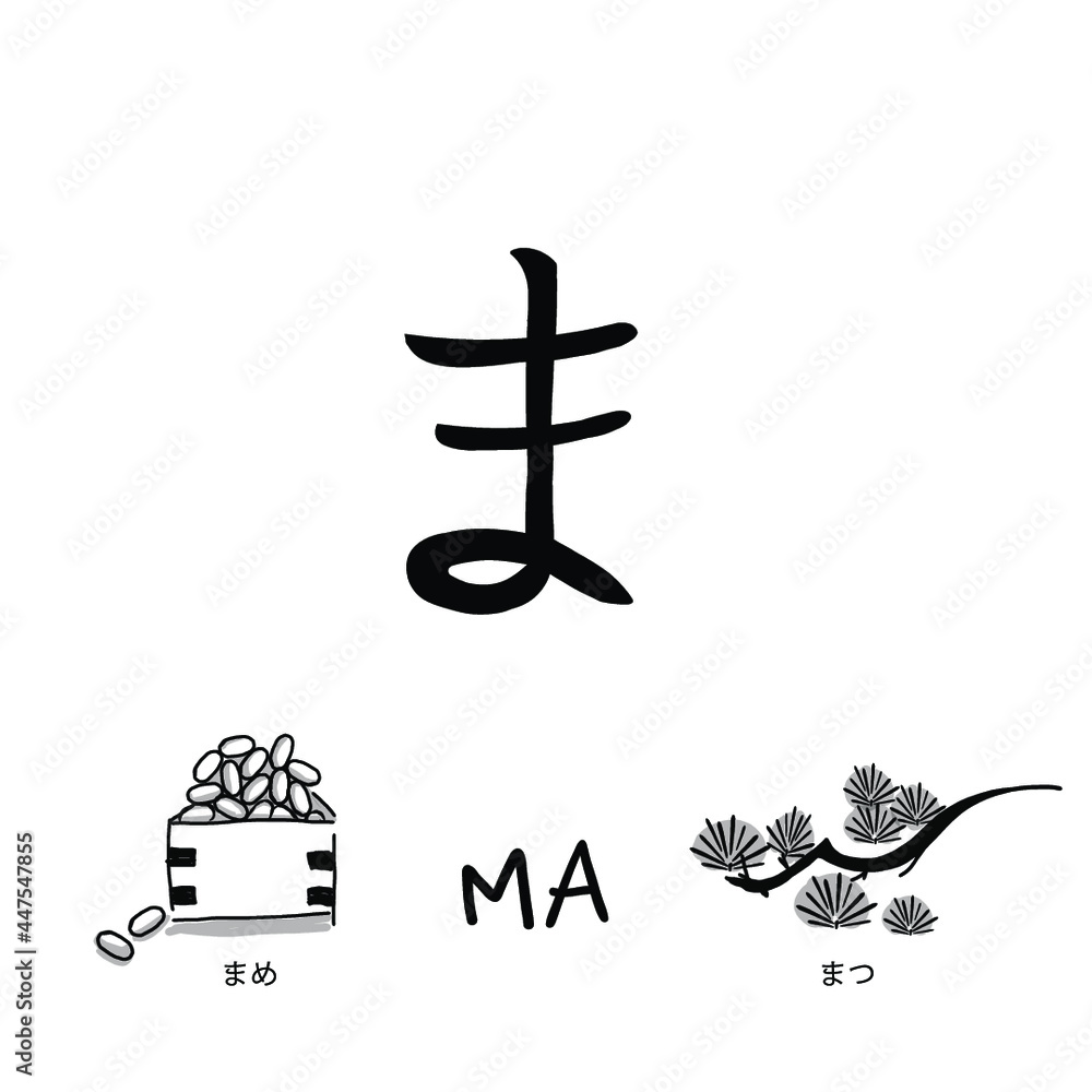 Japanese alphabets illustration Hand drawn sketch drawing. Japanese letter of Ma Vector illustration of calligraphy Hiragana word with example. Graphic design elements. Isolated objects for education. Japanese alphabets illustration Hand drawn sketch drawing. Japanese letter of Ma Vector illustration of calligraphy Hiragana word with example. Graphic design elements. Isolated objects for education.