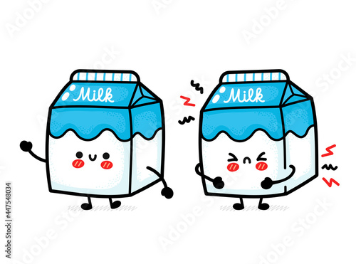 Cute funny sad and happy milk box. Vector hand drawn cartoon kawaii character illustration icon. Isolated on white background. Milk dairy box doodle cartoon character. Lactose intolerance concept