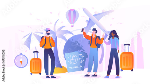 Male and female characters are travelling together in a small group. Concept of booking of airline tickets and hotel rooms. Tropical beach vacation with friends. Flat cartoon vector illustration