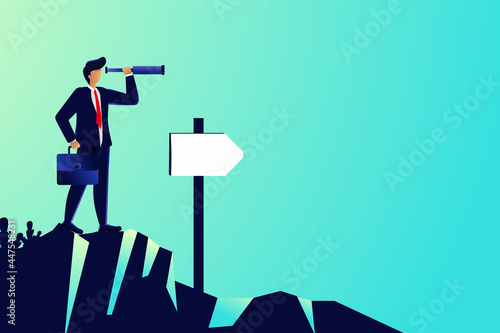 Businessman uncertain about the road ahead. Making choices and the way forward concept. Vector illustration