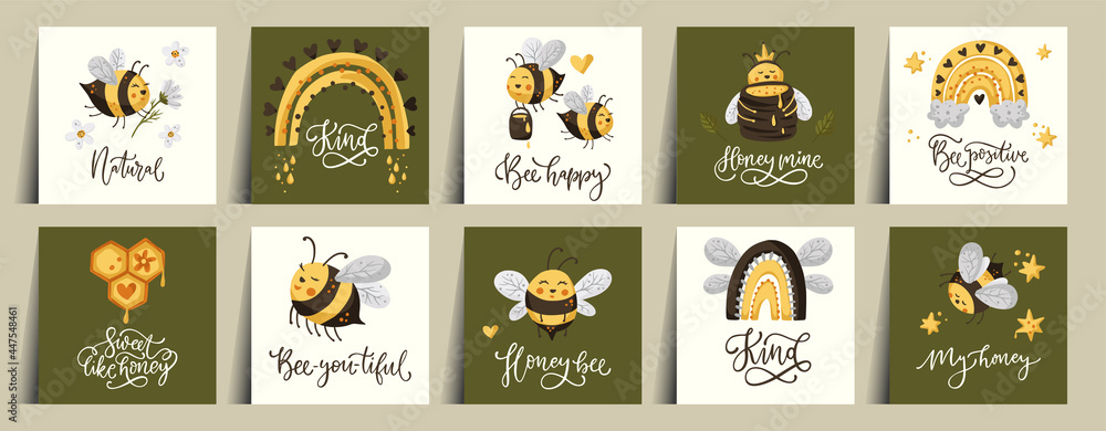 Cute honey bee funny illustration card set. Cartoon vector postcard happy summer insect character collection with daisy flower and lettering quote. Cute honey bee funny illustration card set. Cartoon vector postcard happy summer insect character collection with daisy flower and lettering quote.