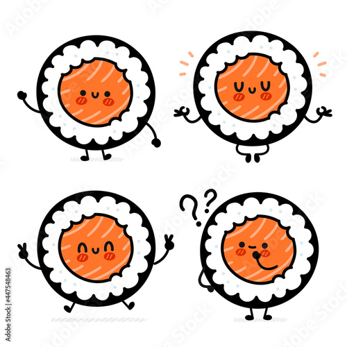 Cute funny sushi roll character meditate set collection. Vector flat cartoon kawaii character illustration icon. Isolated on white background. Sushi roll,maki,asian food cartoon character concept