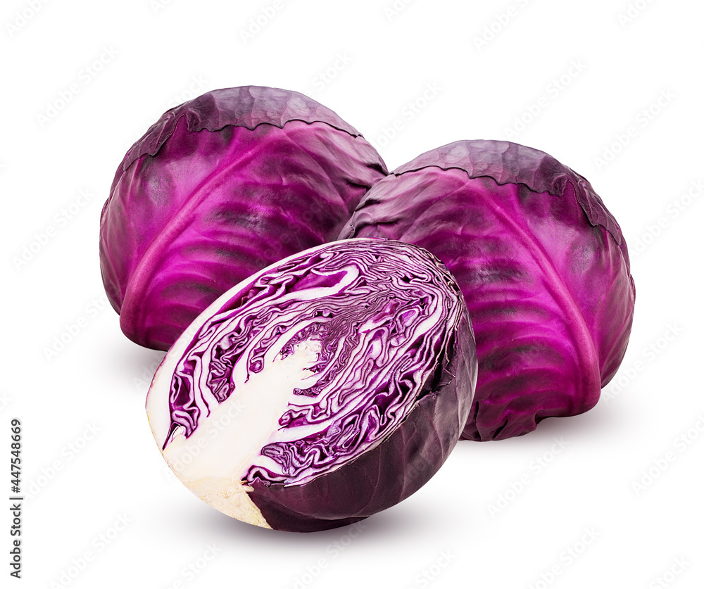 Two red cabbage one cut in half Two red cabbage one cut in half