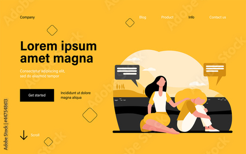 Friend talking and consoling sad woman. Nature, speech bubble, support flat vector illustration. Depression and melancholy concept for banner, website design or landing web page