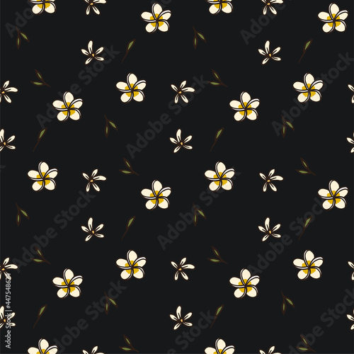 Tropical frangipani plumeria flower seamless vector pattern on a black background. Exotic summer nature floral botanical wallpaper. Botany jungle illustration.