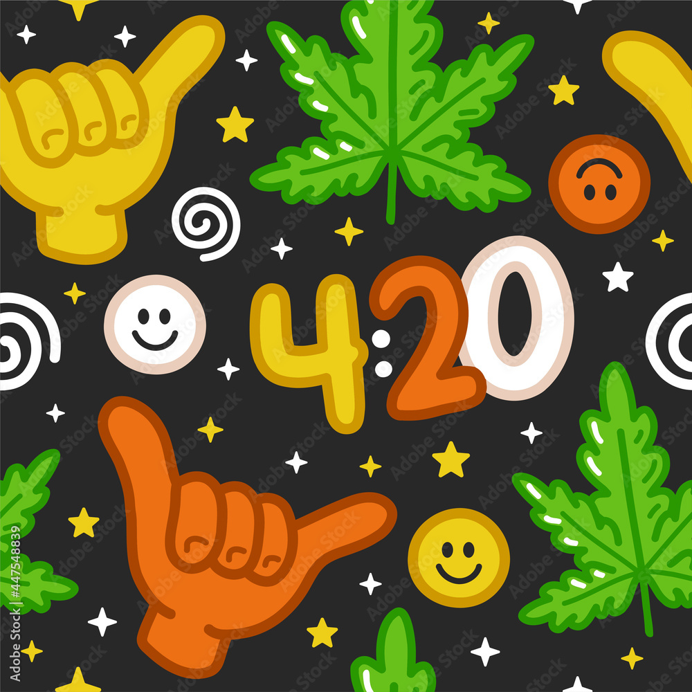 Funny weed marijuana, shaka gesture,420 seamless pattern. Vector hand drawn doodle outline cartoon kawaii character illustration. Trippy,weed,420, shaka, cannabis leaf cartoon seamless pattern concept Funny weed marijuana, shaka gesture,420 seamless pattern. Vector hand drawn doodle outline cartoon kawaii character illustration. Trippy,weed,420, shaka, cannabis leaf cartoon seamless pattern concept