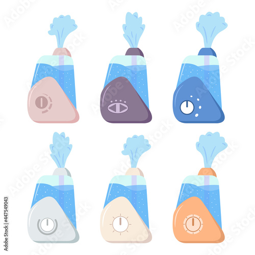 Set humidifier distributes steam.Vector flat illustration.Isolated on white background.