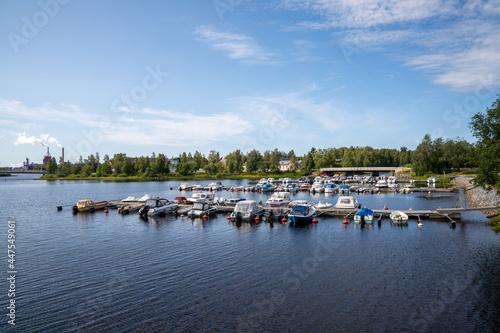 view of the harbor and sports marina in the city center of Oulu on the Baltic Sea