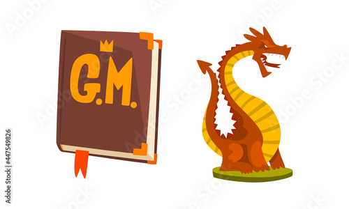 Fantasy Magic Board Game User Interface Set, Fairy Tale Book and Dragon Cartoon Vector Illustration