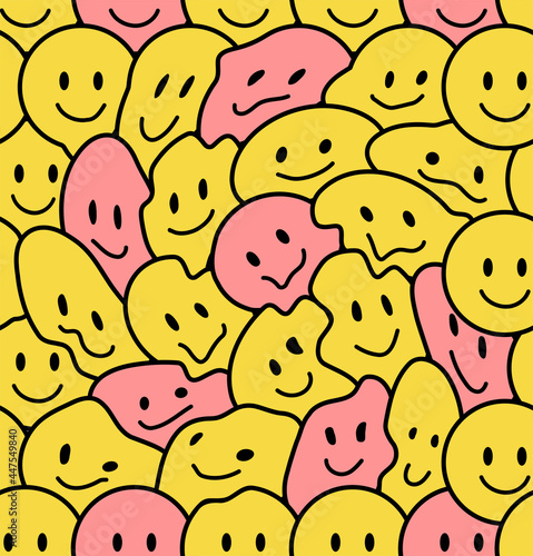 Funny smile faces seamless pattern. Vector doodle cartoon kawaii character illustration icon design. Positive smiley faces,lsd,techno cartoon seamless pattern concept