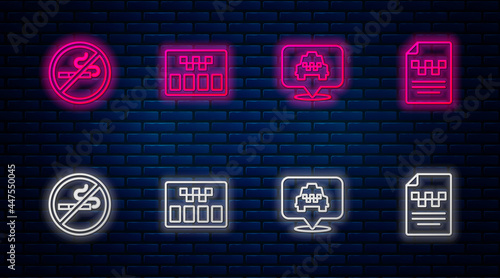 Set line Taximeter, Location with taxi, No Smoking and driver license. Glowing neon icon on brick wall. Vector